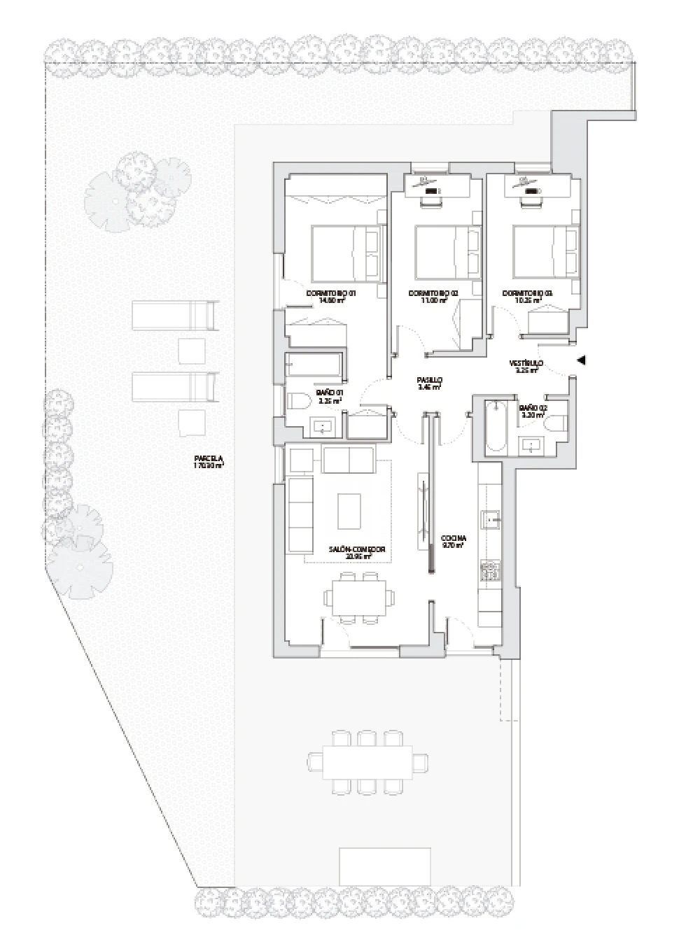 Plano de TIPOLOGIA 3 HABITACIONES PLANTA BAJA EN ESQUINA.